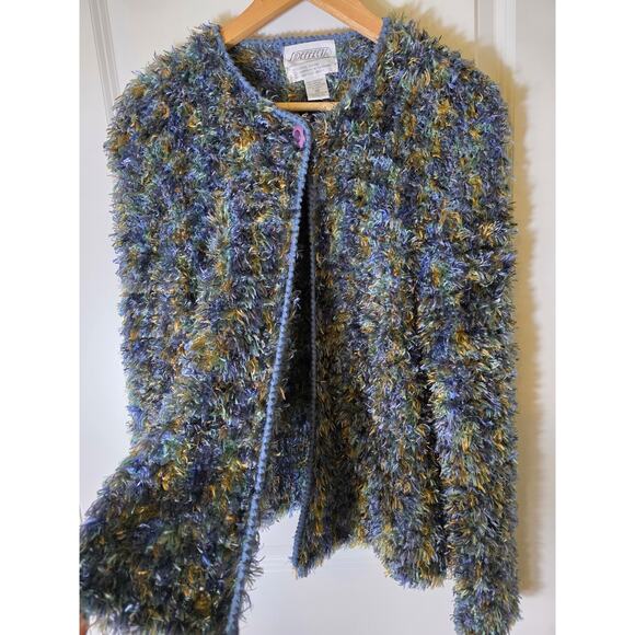 Vintage SIDE EFFECTS Blue Green Fuzzy Open Front Shaggy Cardigan SZ M - Picture 3 of 8